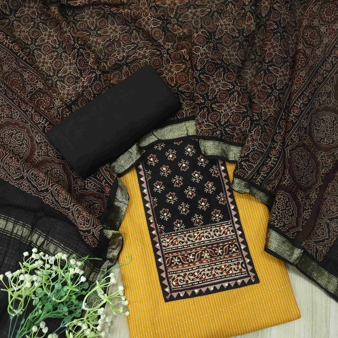 Rushna Sunflower Yellow Ajrak Printed Patch with Kantha Cotton Suit Set