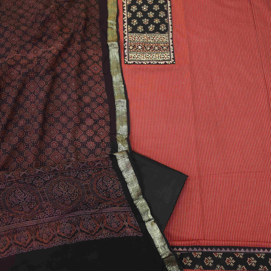 Rushna Apple Red Ajrak Printed Patch with Kantha Cotton Suit Set