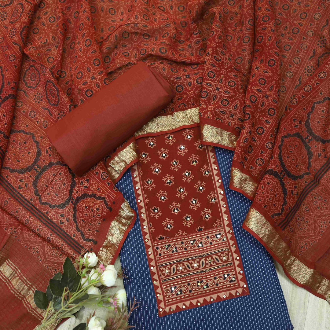 Rushna Royal Blue Ajrak Printed Patch with Kantha Cotton Suit Set