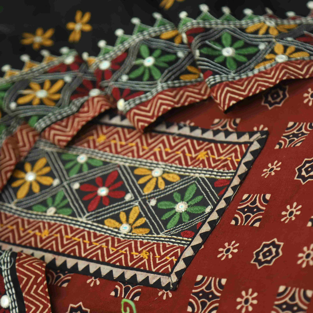 Khairiyat Ruby Red Kutch Work Printed Cotton Top With Cotton Dupatta Set