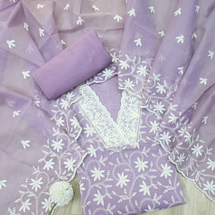 Nigahen Lavish Purple V Neck lace All Over Thread Work Kota Doriya Suit Set