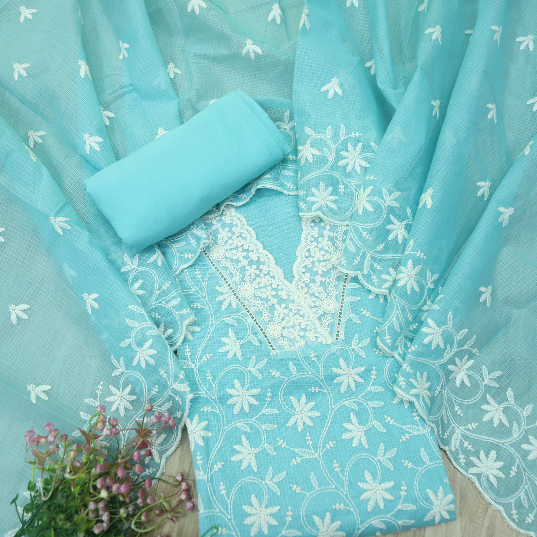 Nigahen Sky Blue V Neck lace All Over Thread Work Kota Doriya Suit Set