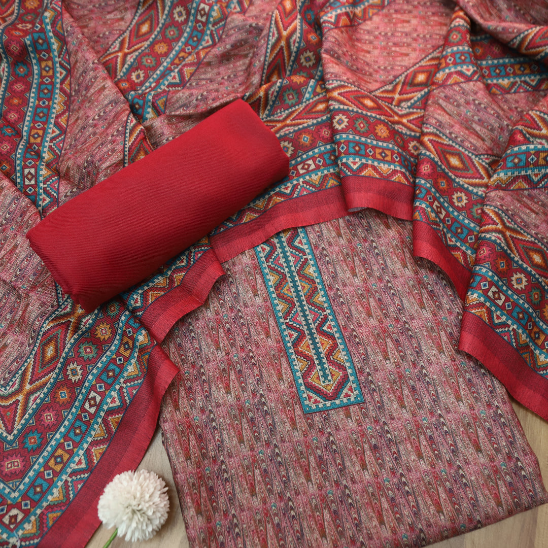 विशाखा Berry Red All Over Intricate Digital Printed Semi Pashmina Winter Set