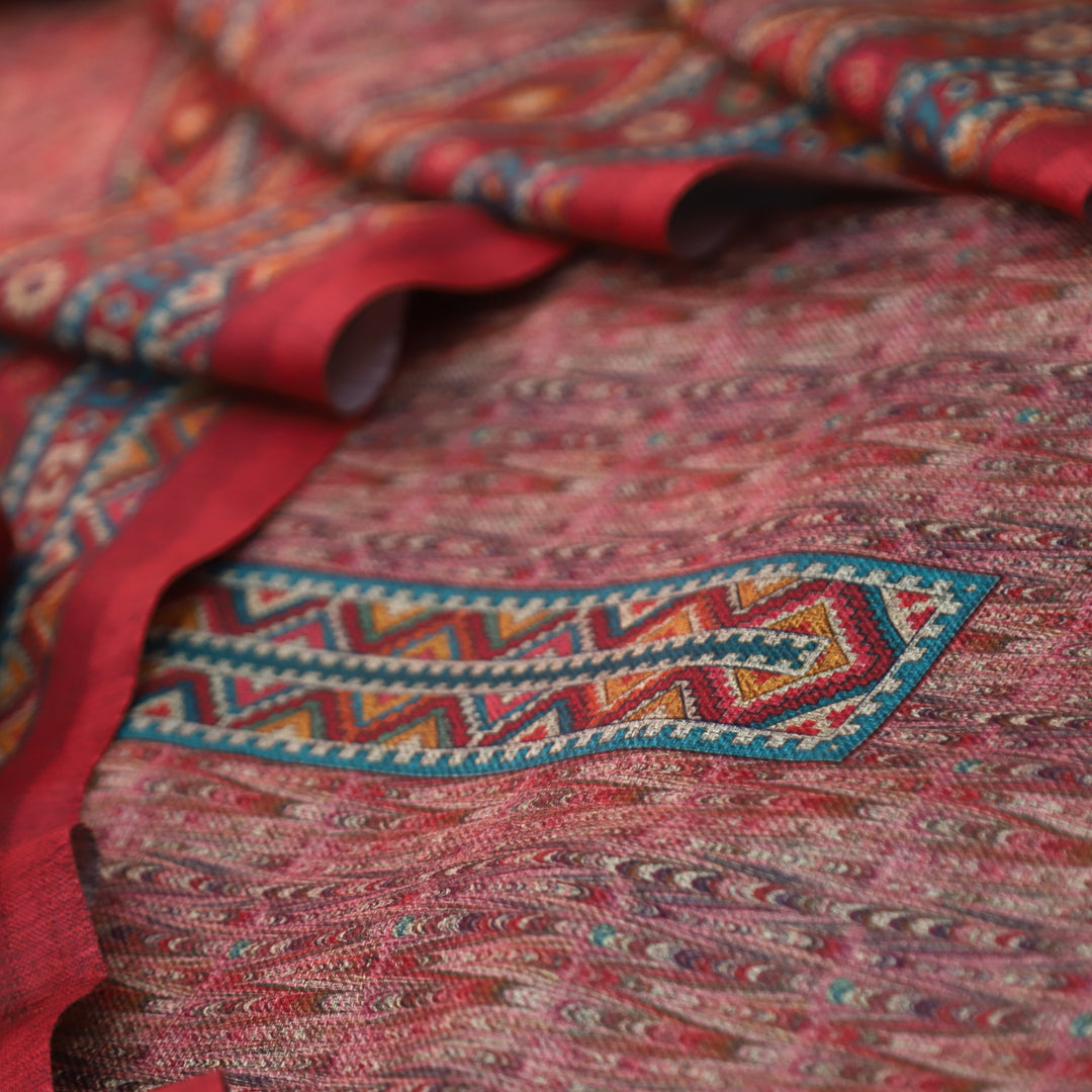 विशाखा Berry Red All Over Intricate Digital Printed Semi Pashmina Winter Set