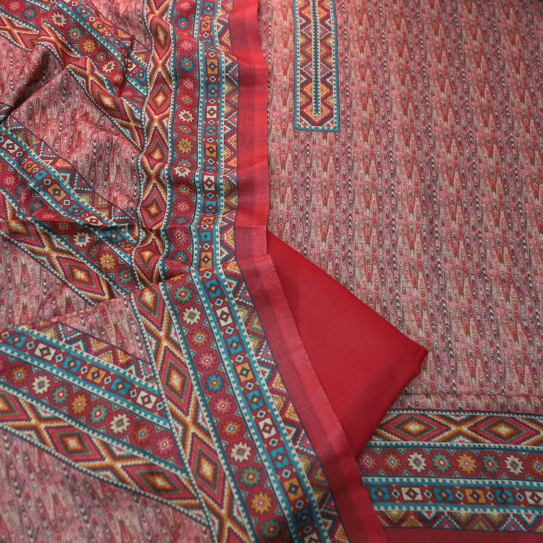 विशाखा Berry Red All Over Intricate Digital Printed Semi Pashmina Winter Set