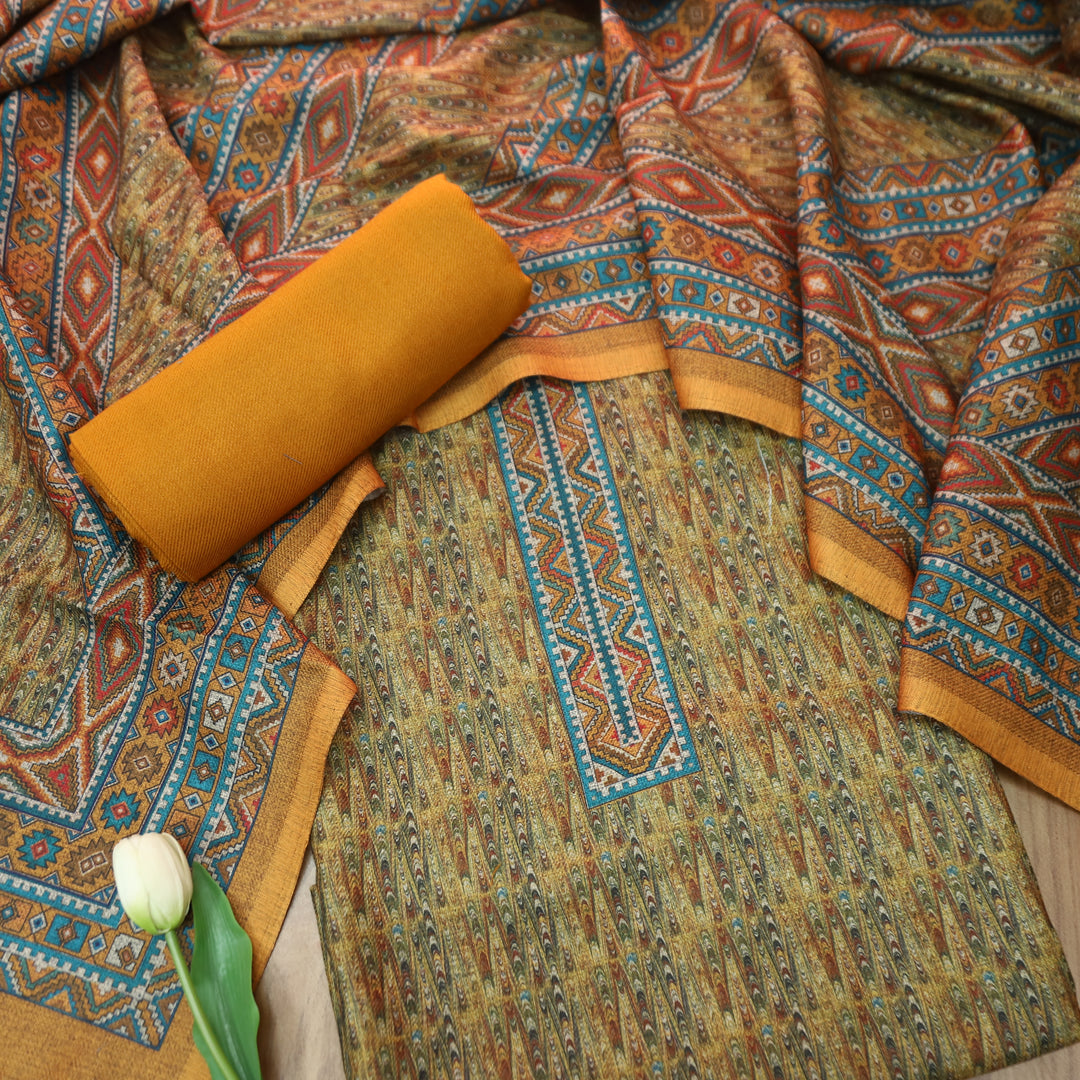 विशाखा Bright Yellow All Over Intricate Digital Printed Semi Pashmina Winter Set