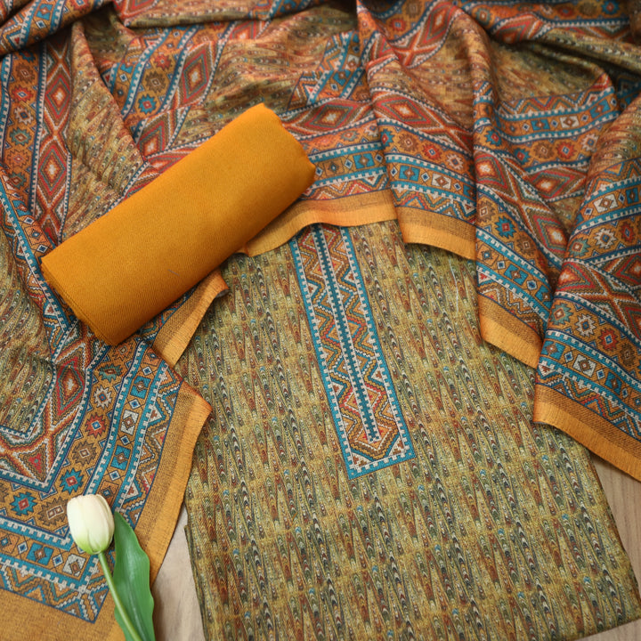 विशाखा Bright Yellow All Over Intricate Digital Printed Semi Pashmina Winter Set