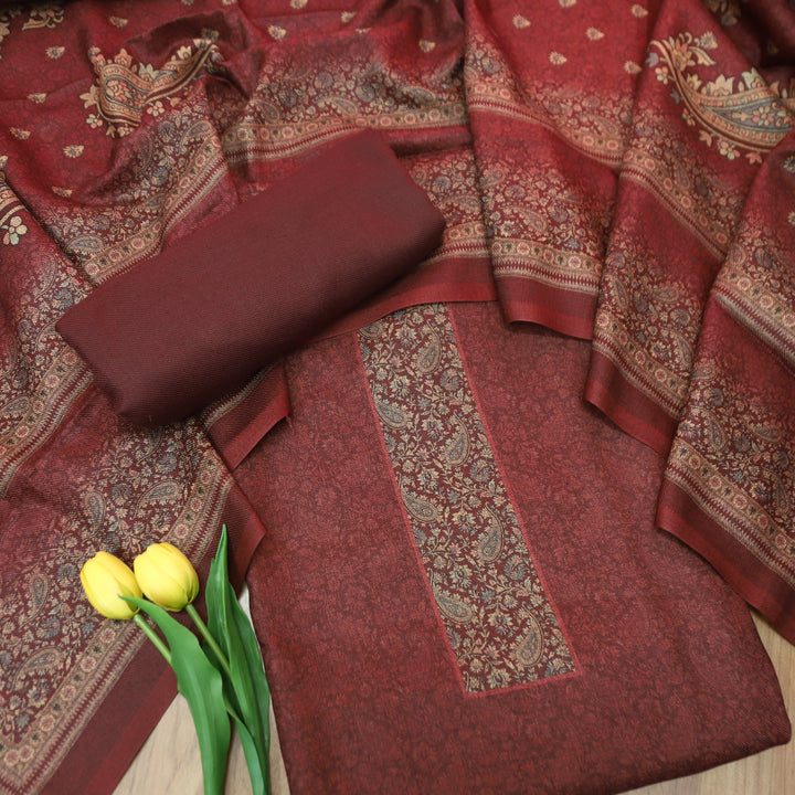 झिलमिल Maroon Red Elegant Digital Printed Semi Pashmina Winter Set