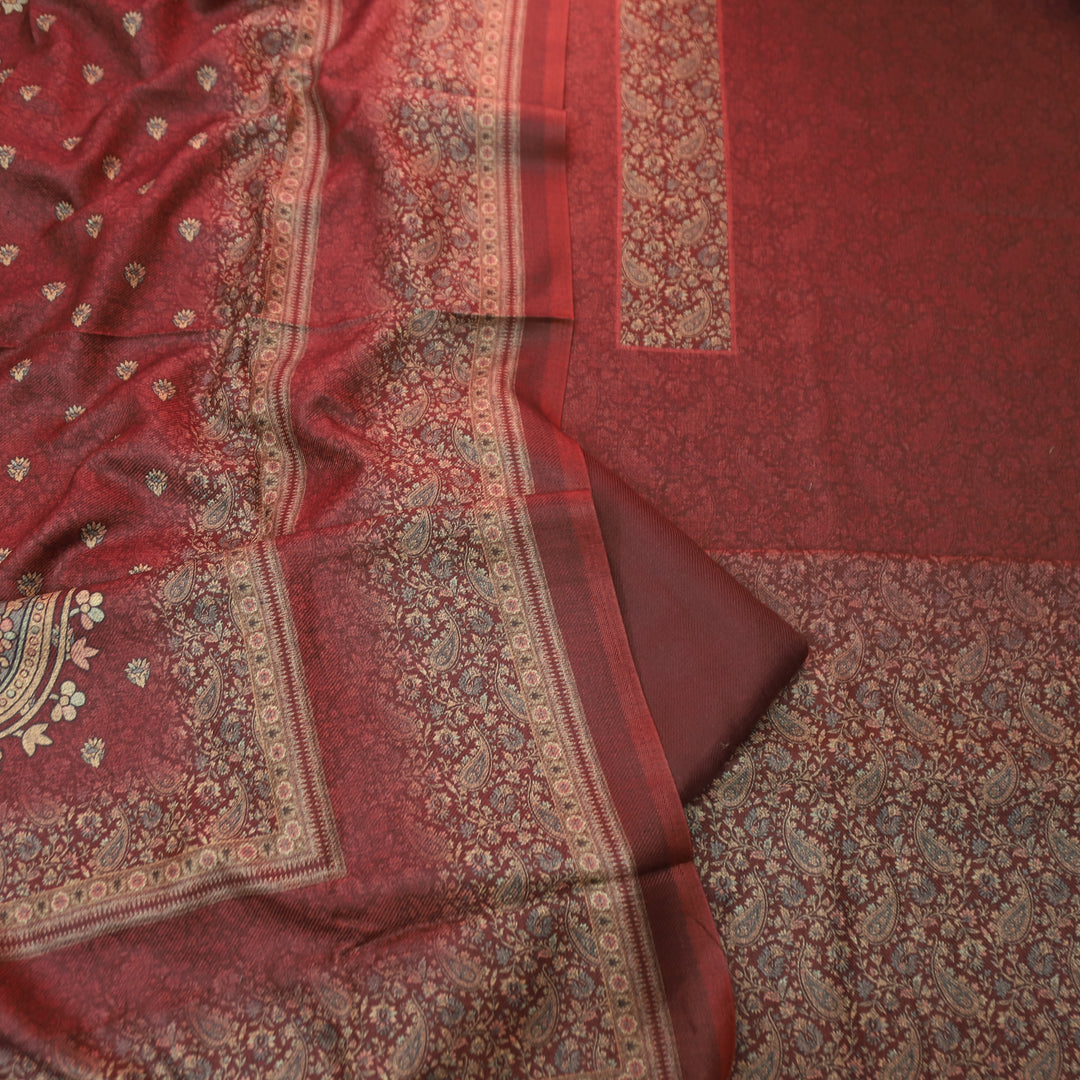 झिलमिल Maroon Red Elegant Digital Printed Semi Pashmina Winter Set