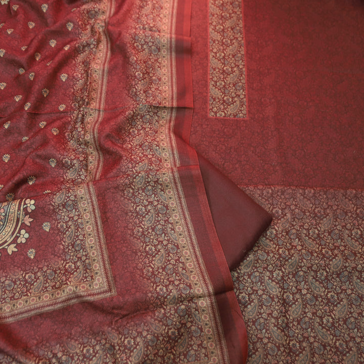 झिलमिल Maroon Red Elegant Digital Printed Semi Pashmina Winter Set