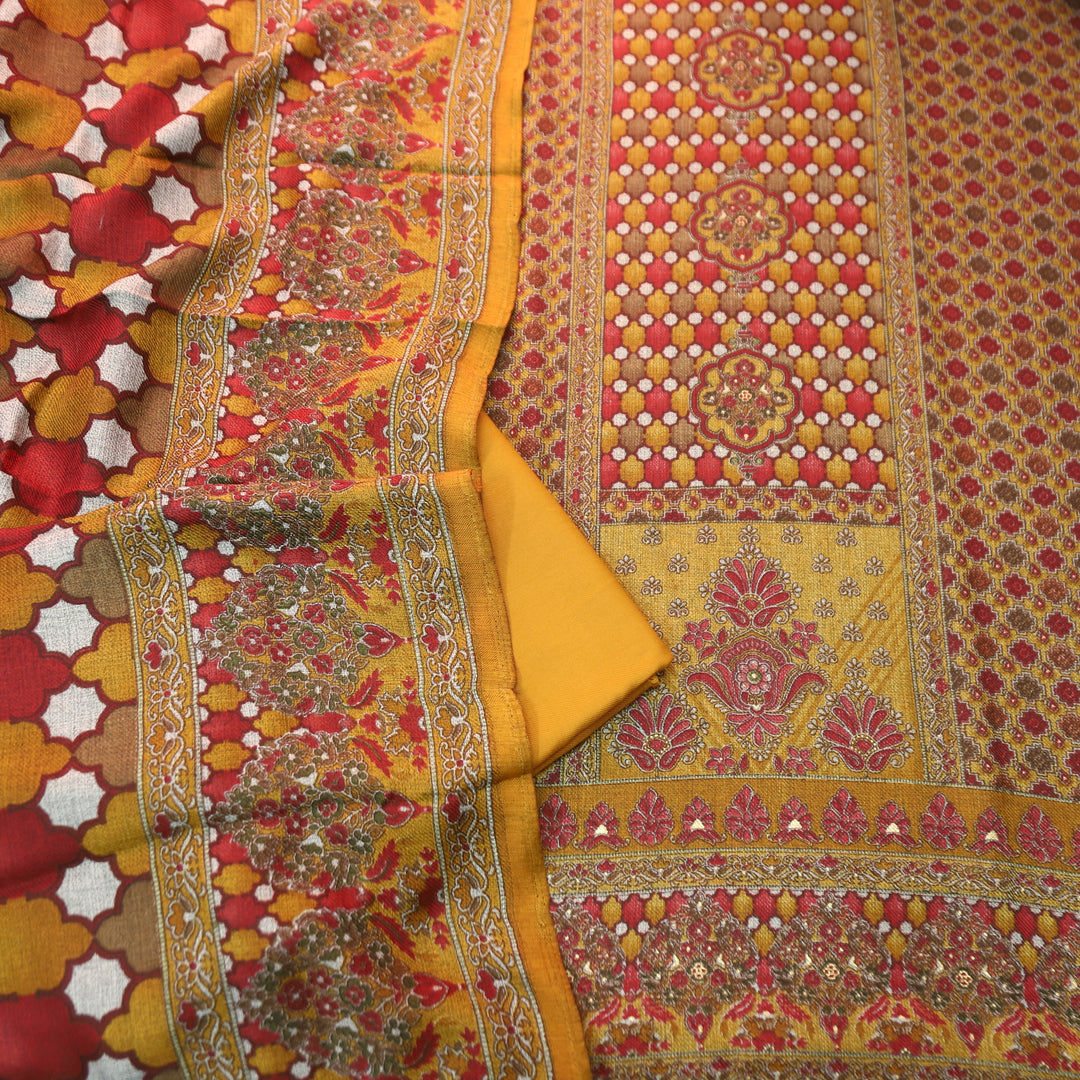 रत्ना Bright Yellow in Panel Style Elegant Digital Printed Semi Pashmina Winter Set