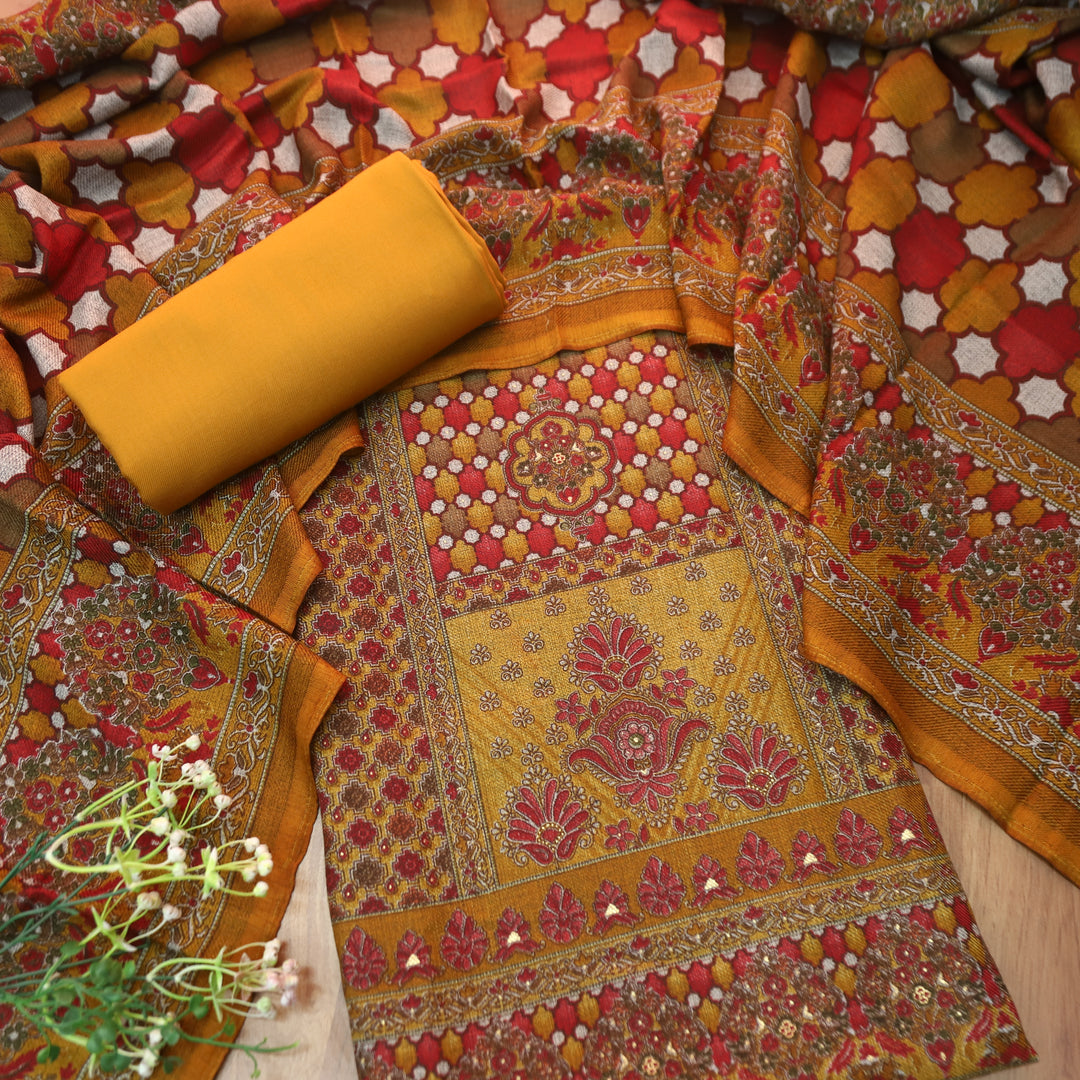 रत्ना Bright Yellow in Panel Style Elegant Digital Printed Semi Pashmina Winter Set