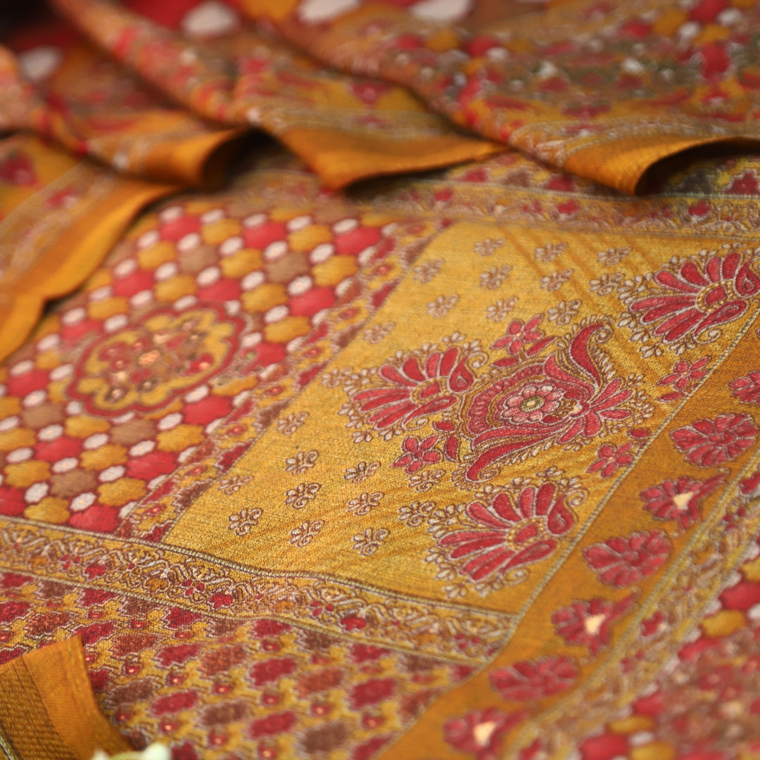 रत्ना Bright Yellow in Panel Style Elegant Digital Printed Semi Pashmina Winter Set