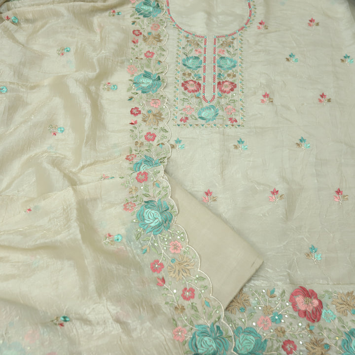 Ekta Hazel Beige with Aqua Floral Embroidered Neck Work Crushed Tissue Suit Set