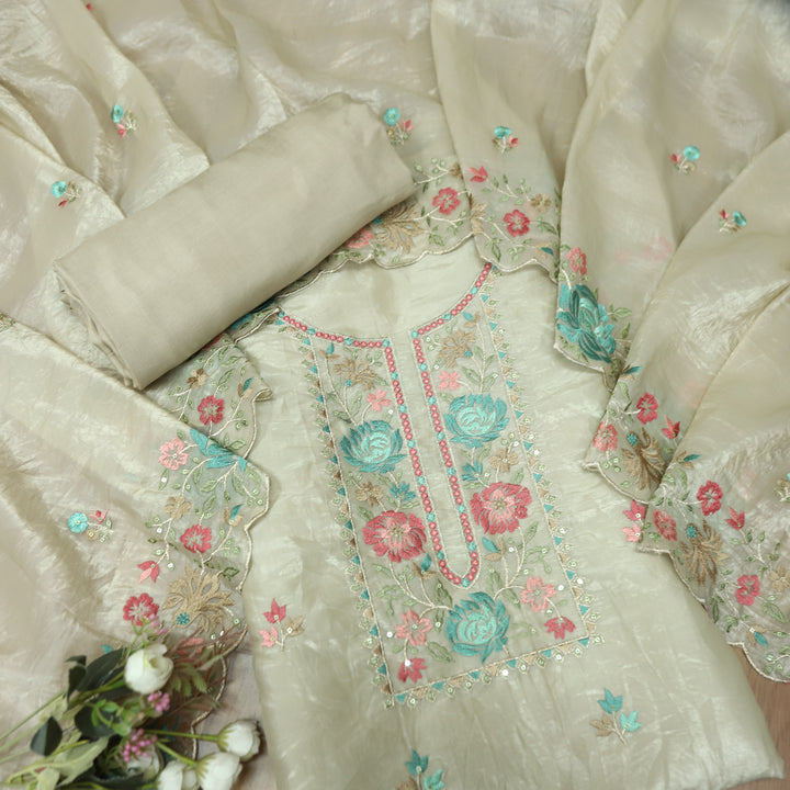 Ekta Hazel Beige with Aqua Floral Embroidered Neck Work Crushed Tissue Suit Set