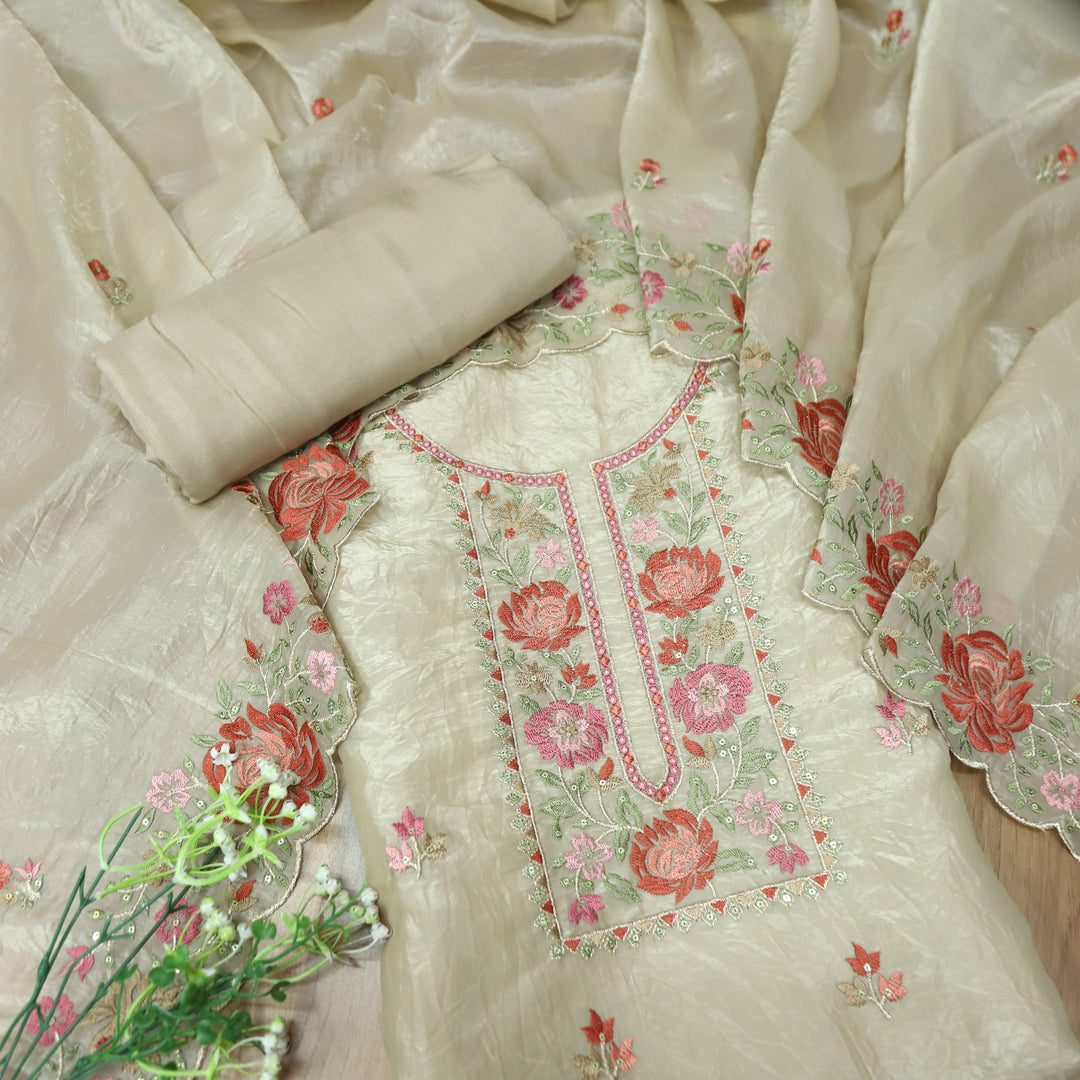 Ekta Hazel Beige with Red Floral Embroidered Neck Work Crushed Tissue Suit Set