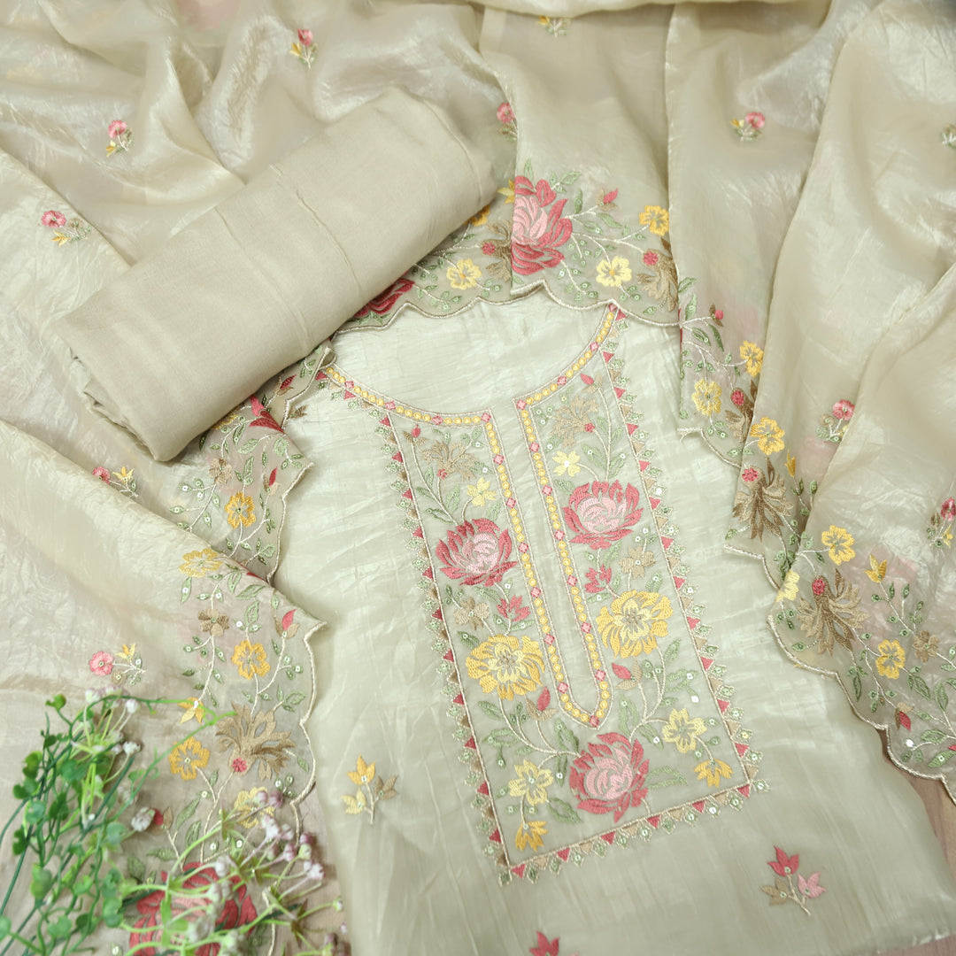 Ekta Hazel Beige with Yellow Floral Embroidered Neck Work Crushed Tissue Suit Set