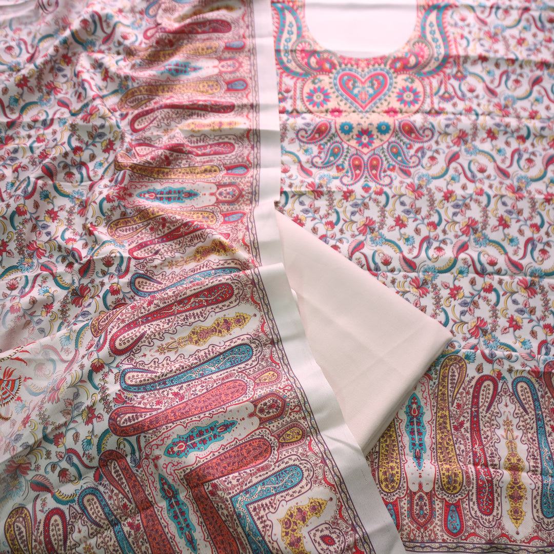 Yashvi Pearl White All Over Digital Floral Printed Semi Pashmina Winter Set