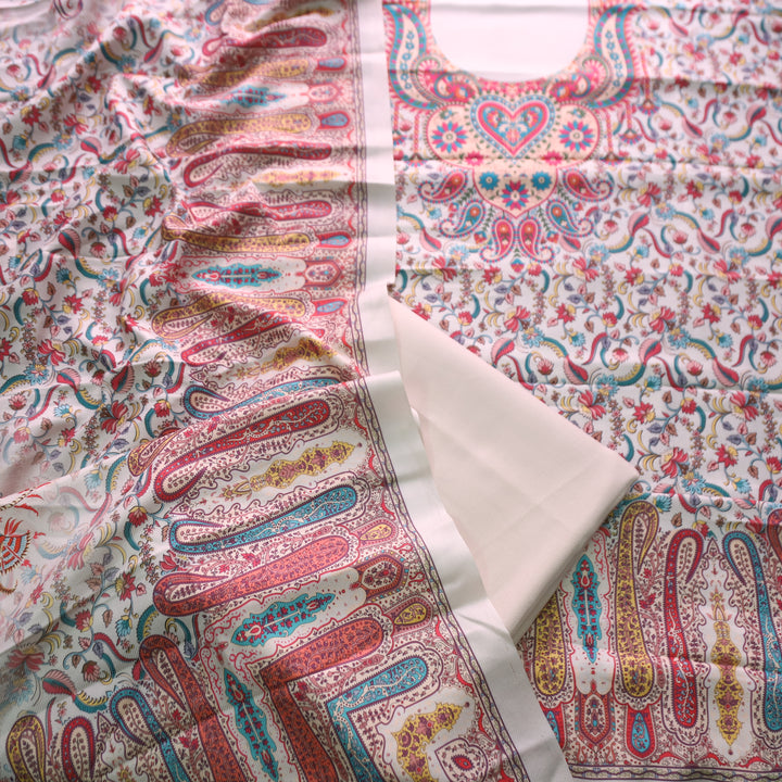 Yashvi Pearl White All Over Digital Floral Printed Semi Pashmina Winter Set