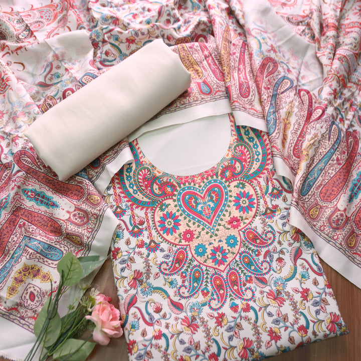 Yashvi Pearl White All Over Digital Floral Printed Semi Pashmina Winter Set