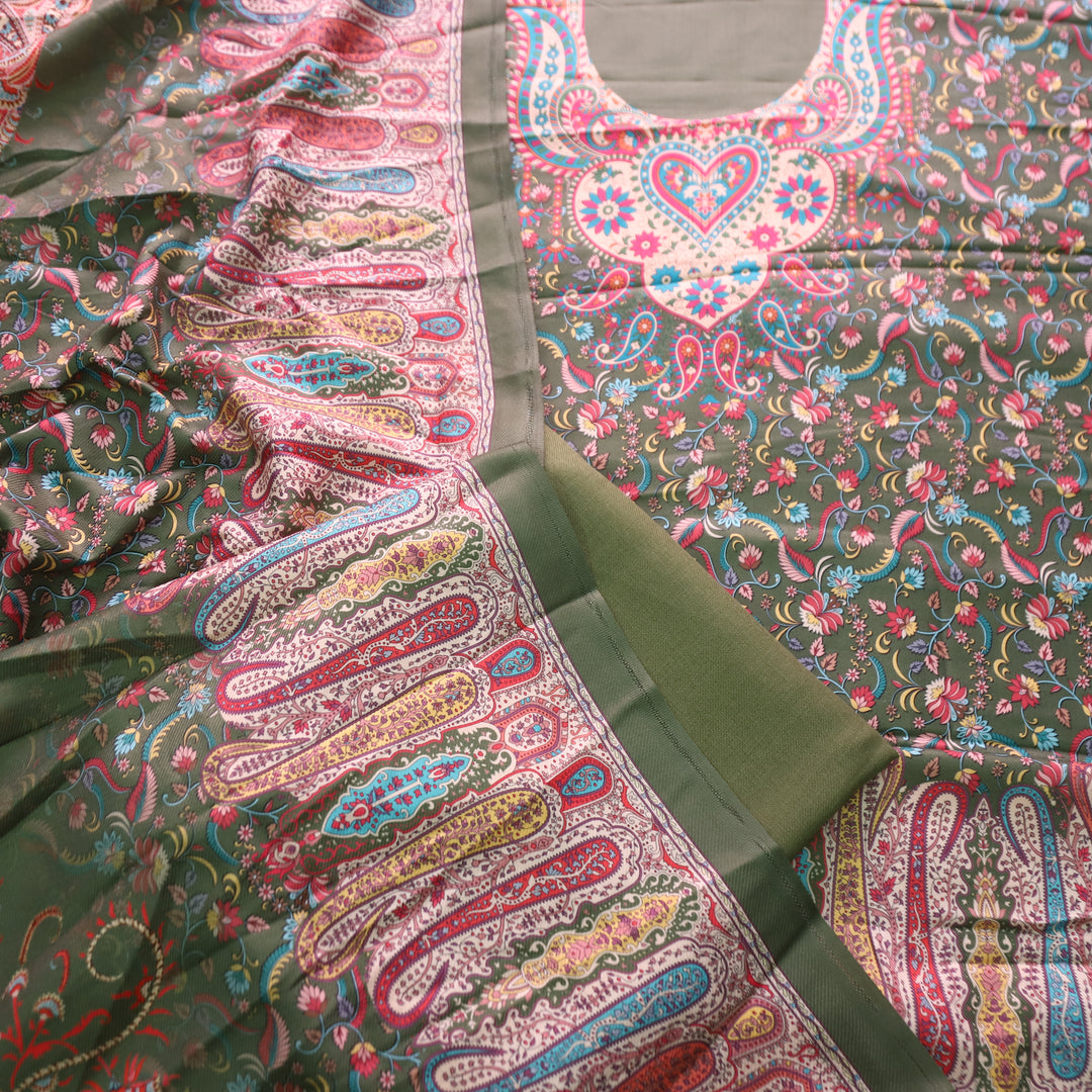 Yashvi Grass Green All Over Digital Floral Printed Semi Pashmina Winter Set