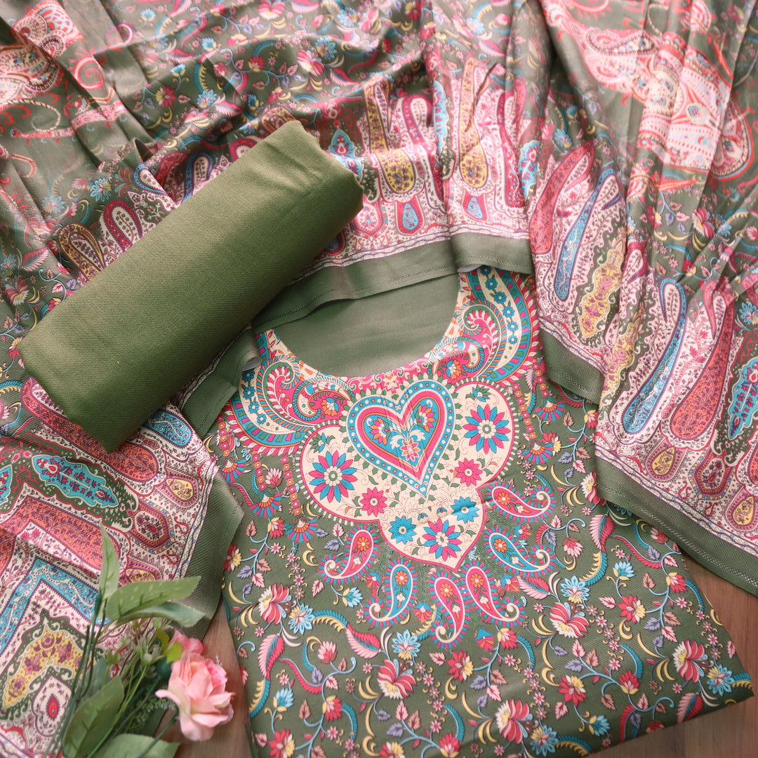 Yashvi Grass Green All Over Digital Floral Printed Semi Pashmina Winter Set