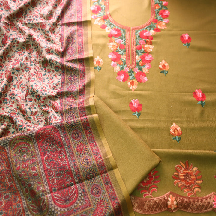 सूरजमुखी Tree Green with Kashida Embroidery Work Semi Pashmina Winter Set