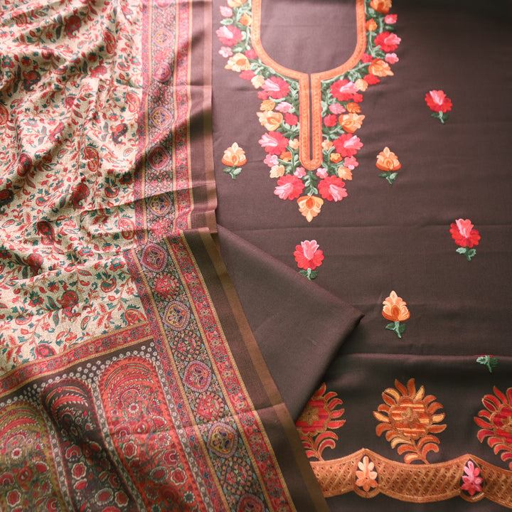 सूरजमुखी Charcoal Grey with Kashida Embroidery Work Semi Pashmina Winter Set