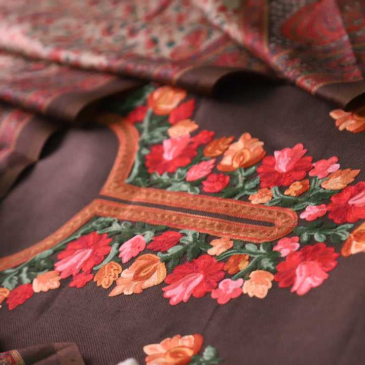 सूरजमुखी Charcoal Grey with Kashida Embroidery Work Semi Pashmina Winter Set