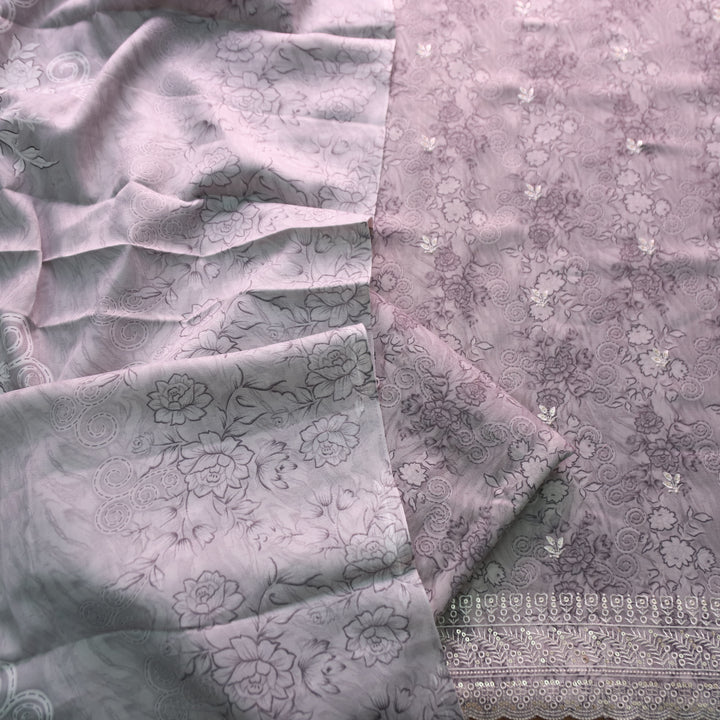 मोहक Slate Gray Floral Print with Thread Work Hem Semi Pashmina Winter Set