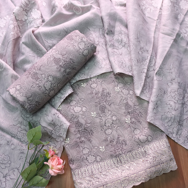मोहक Slate Gray Floral Print with Thread Work Hem Semi Pashmina Winter Set