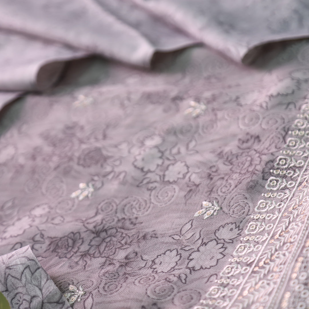 मोहक Slate Gray Floral Print with Thread Work Hem Semi Pashmina Winter Set