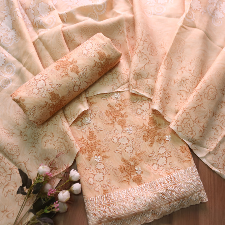 मोहक Butter Yellow Floral Print with Thread Work Hem Semi Pashmina Winter Set