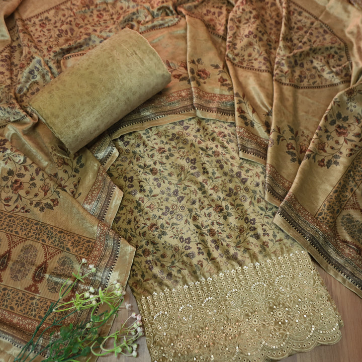 लक्ष्मी Fern Sage Digital Printed with Cut Work Thread Hem Velvet Winter Set