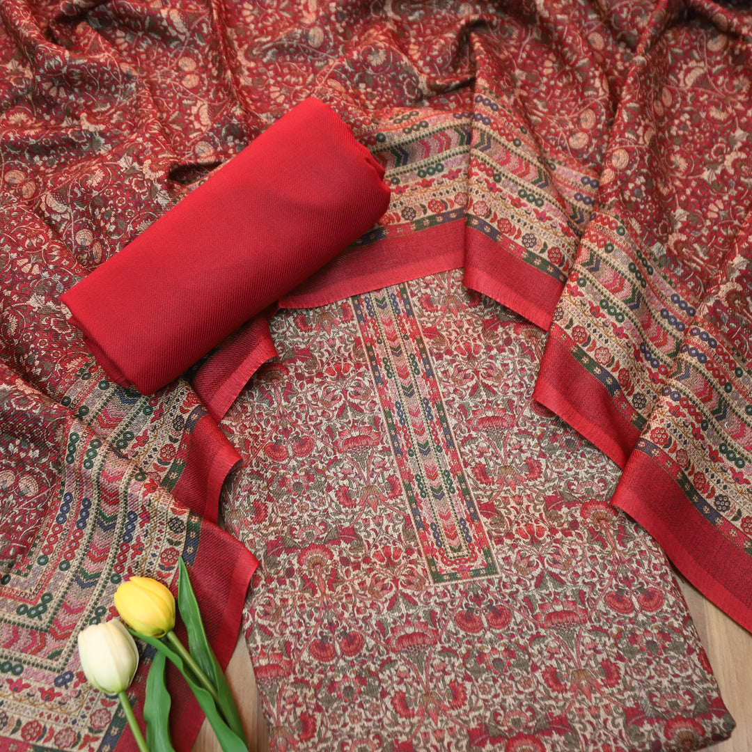 यशिका Burgundy Red All Over Intricate Digital Printed Semi Pashmina Winter Set