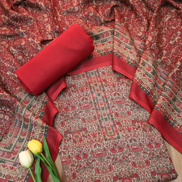 यशिका Burgundy Red All Over Intricate Digital Printed Semi Pashmina Winter Set