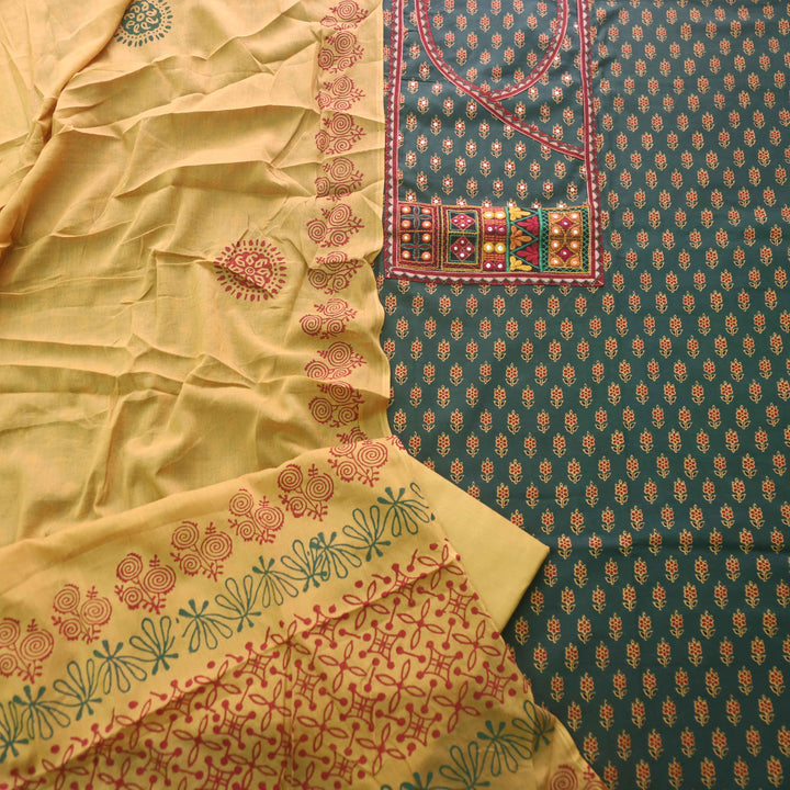 Falak Forest Green Angrakha Style Neck Ajrak Printed Cotton Suit Set