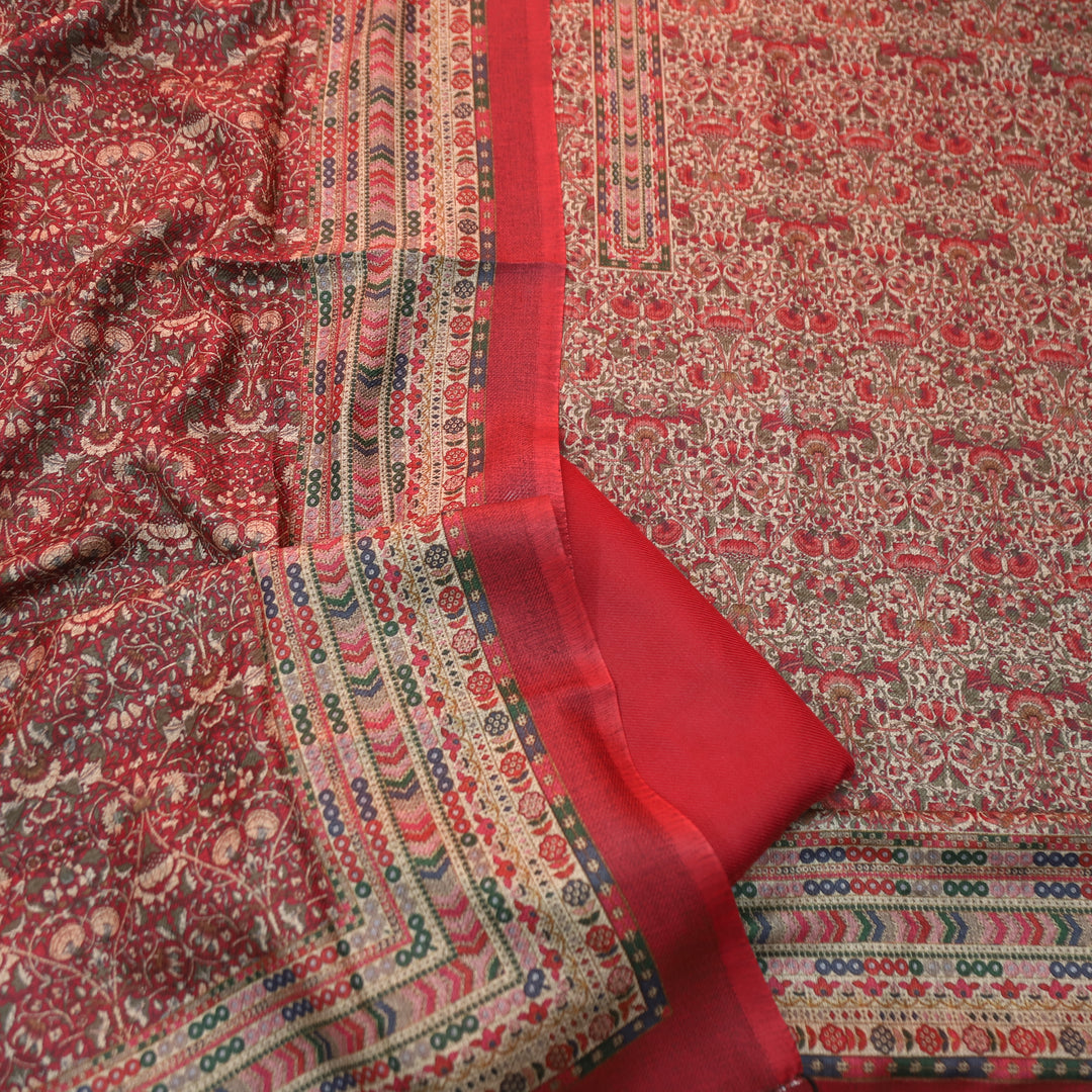 यशिका Burgundy Red All Over Intricate Digital Printed Semi Pashmina Winter Set