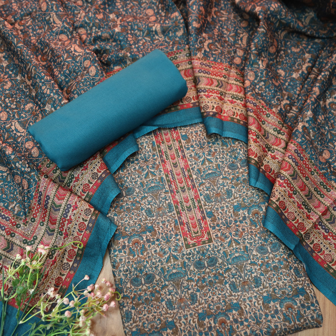 यशिका Cerulean Blue All Over Intricate Digital Printed Semi Pashmina Winter Set
