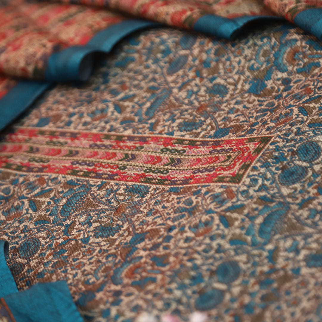 यशिका Cerulean Blue All Over Intricate Digital Printed Semi Pashmina Winter Set