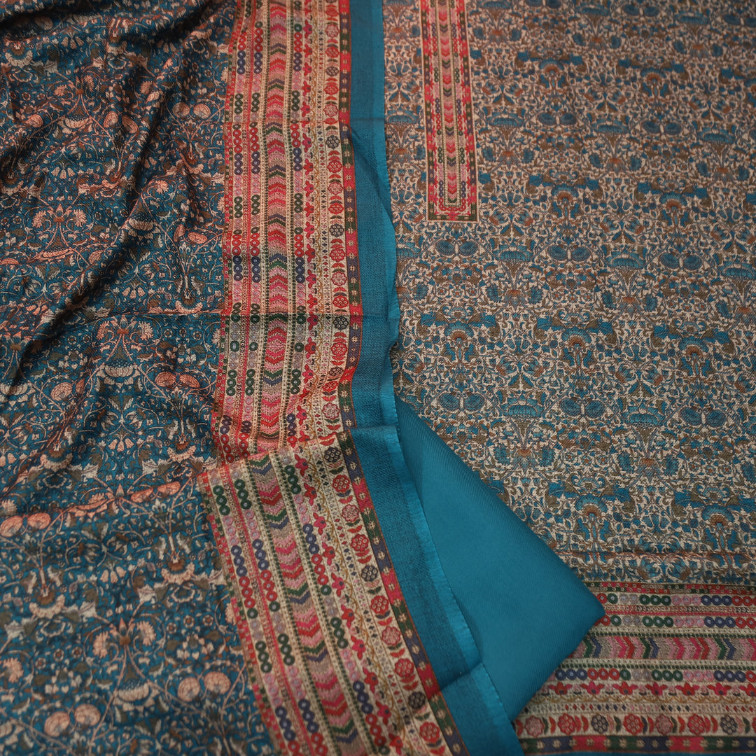 यशिका Cerulean Blue All Over Intricate Digital Printed Semi Pashmina Winter Set