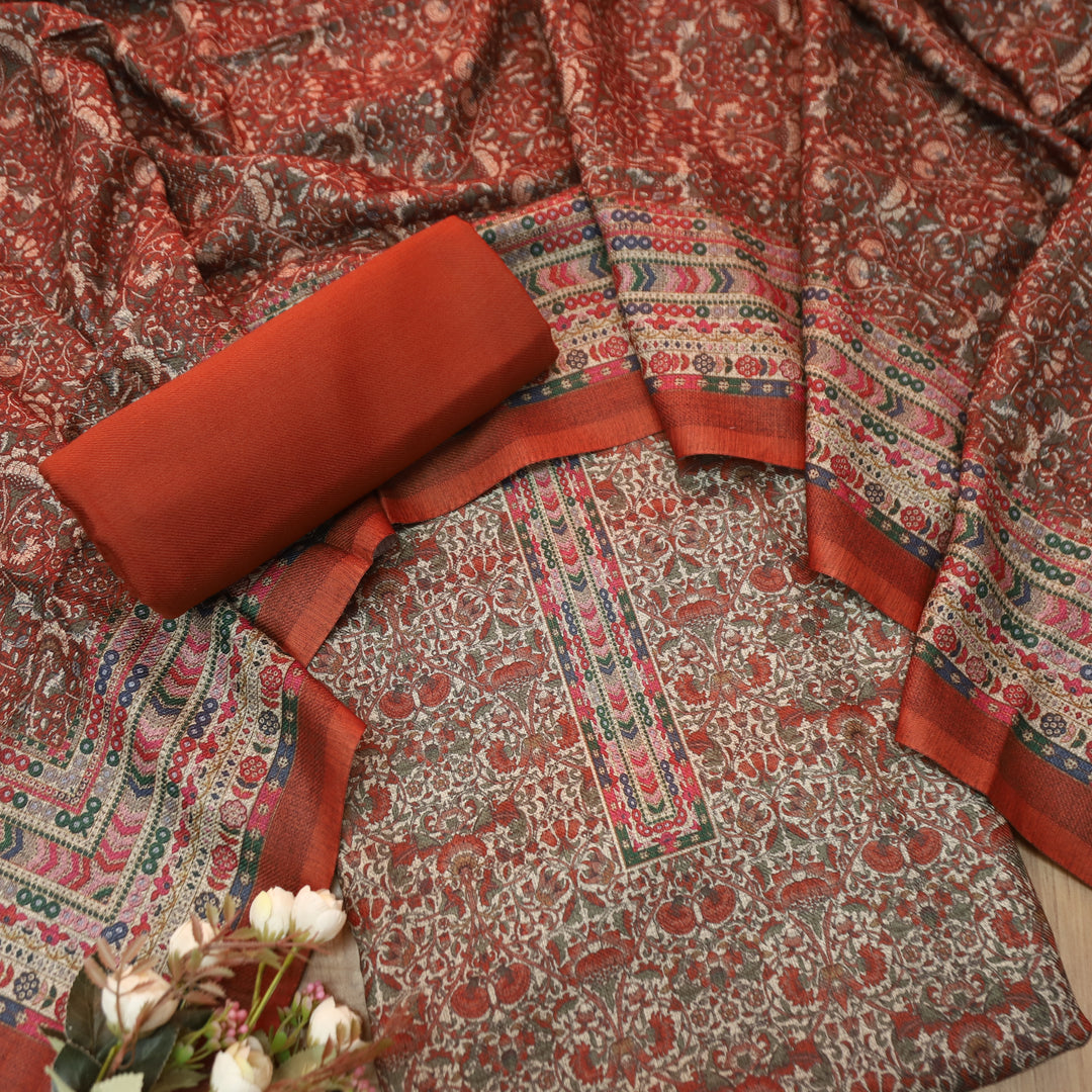यशिका Burnt Orange All Over Intricate Digital Printed Semi Pashmina Winter Set