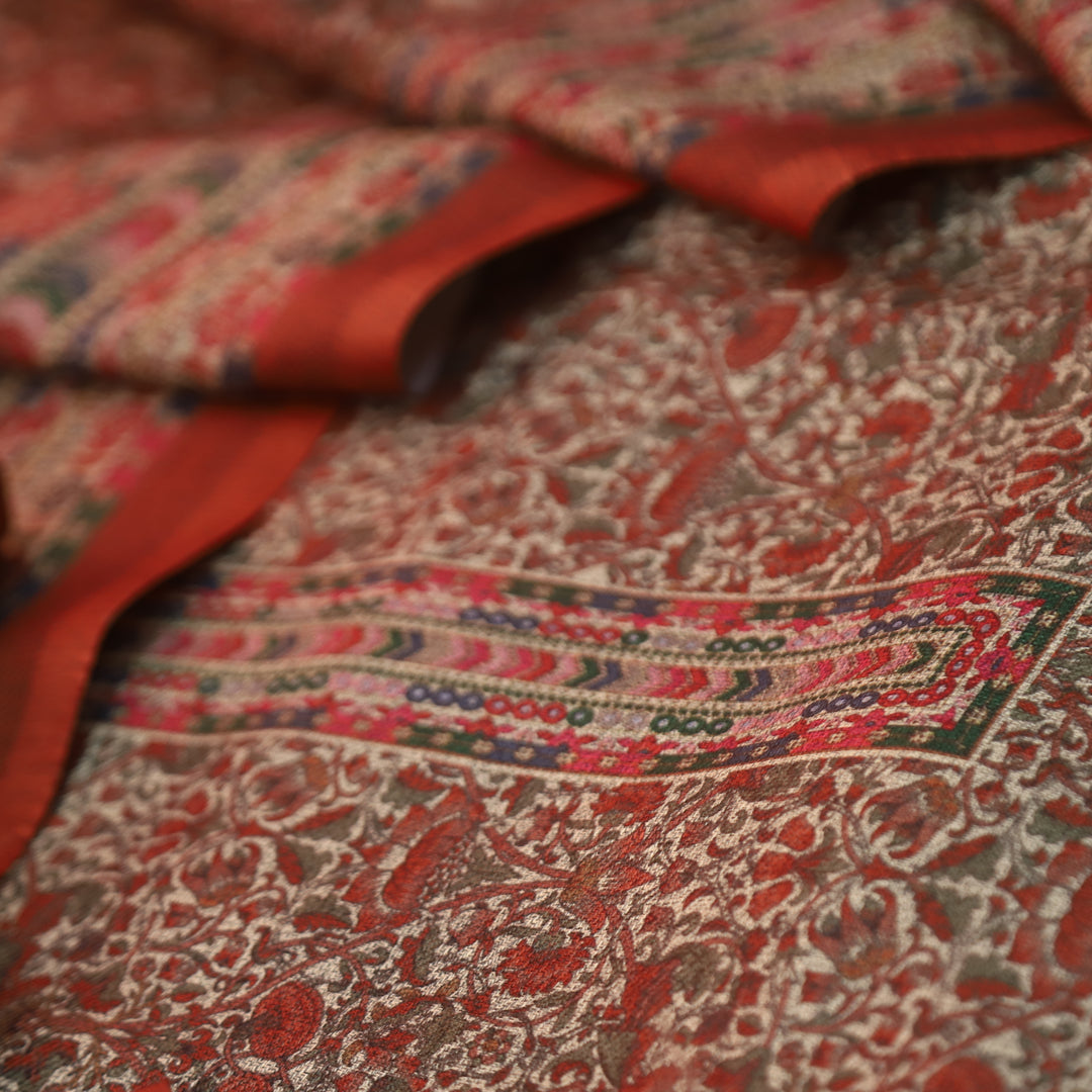 यशिका Burnt Orange All Over Intricate Digital Printed Semi Pashmina Winter Set