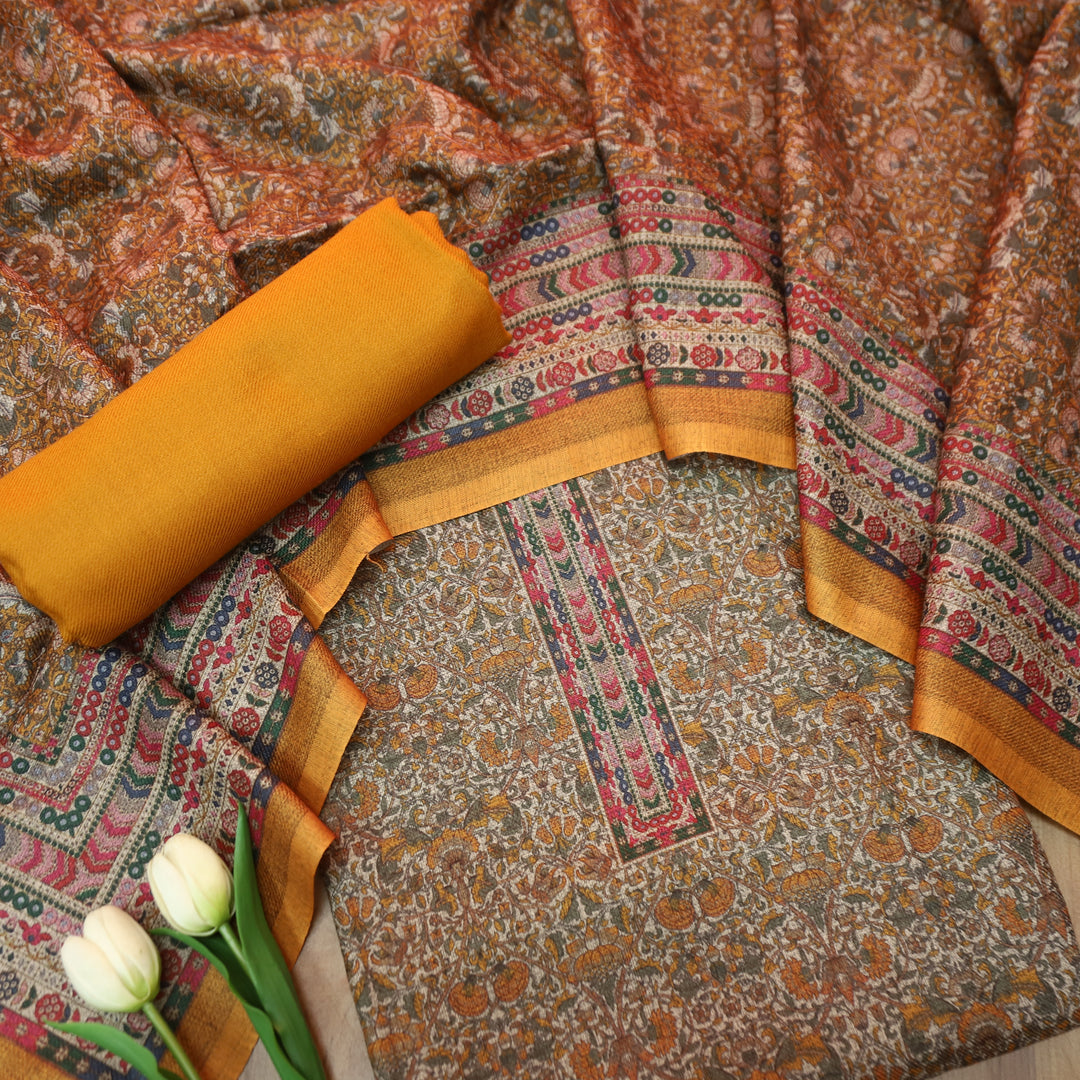 यशिका Turmeric Yellow All Over Intricate Digital Printed Semi Pashmina Winter Set