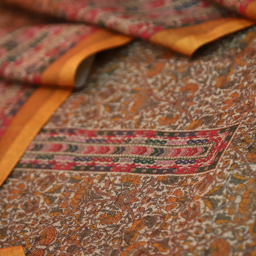 यशिका Turmeric Yellow All Over Intricate Digital Printed Semi Pashmina Winter Set