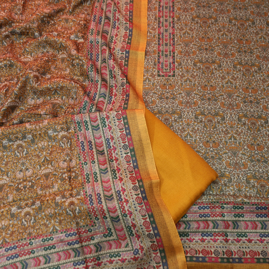 यशिका Turmeric Yellow All Over Intricate Digital Printed Semi Pashmina Winter Set