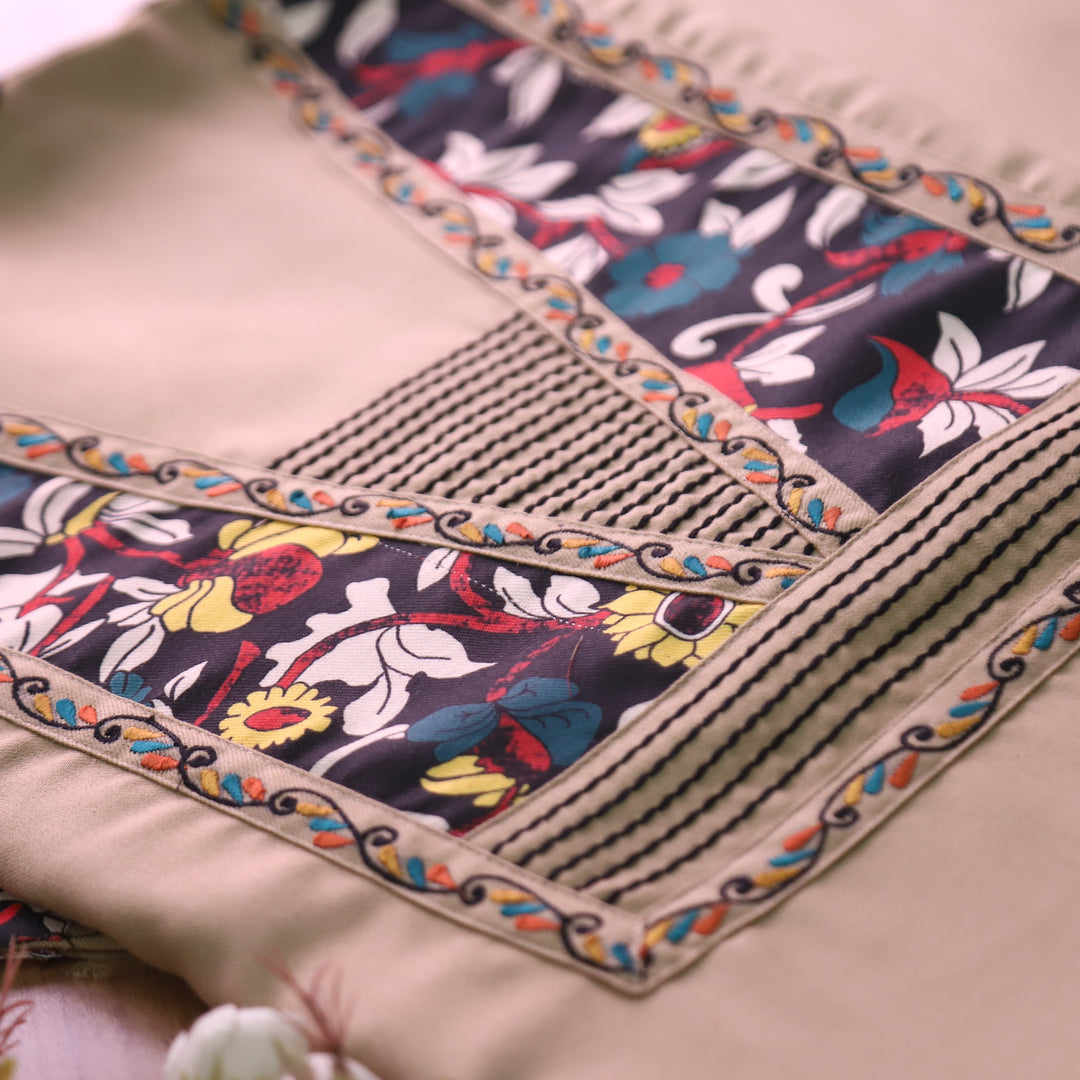 निहारिका Warm Beige Kalamkari Yoke with Embroidered Work Semi Pashmina 2 Piece Set
