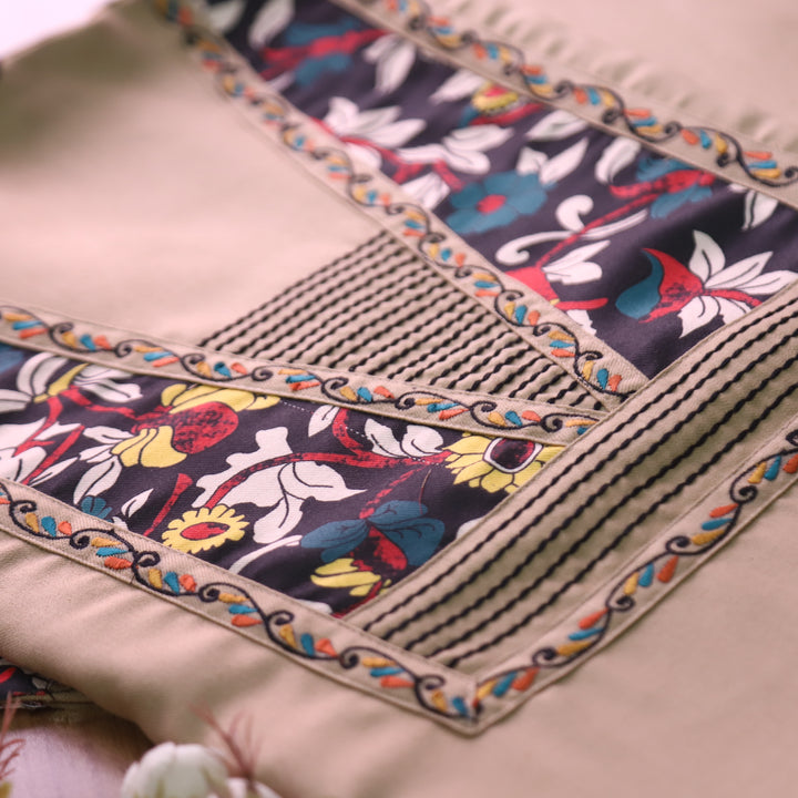 निहारिका Warm Beige Kalamkari Yoke with Embroidered Work Semi Pashmina 2 Piece Set