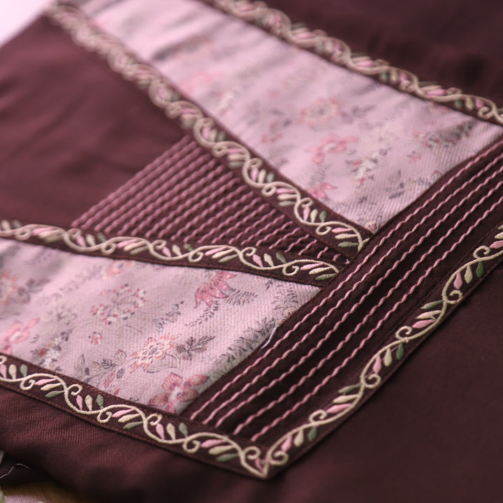 निहारिका Choco Brown Floral Print Yoke with Embroidered Work Semi Pashmina 2 Piece Set