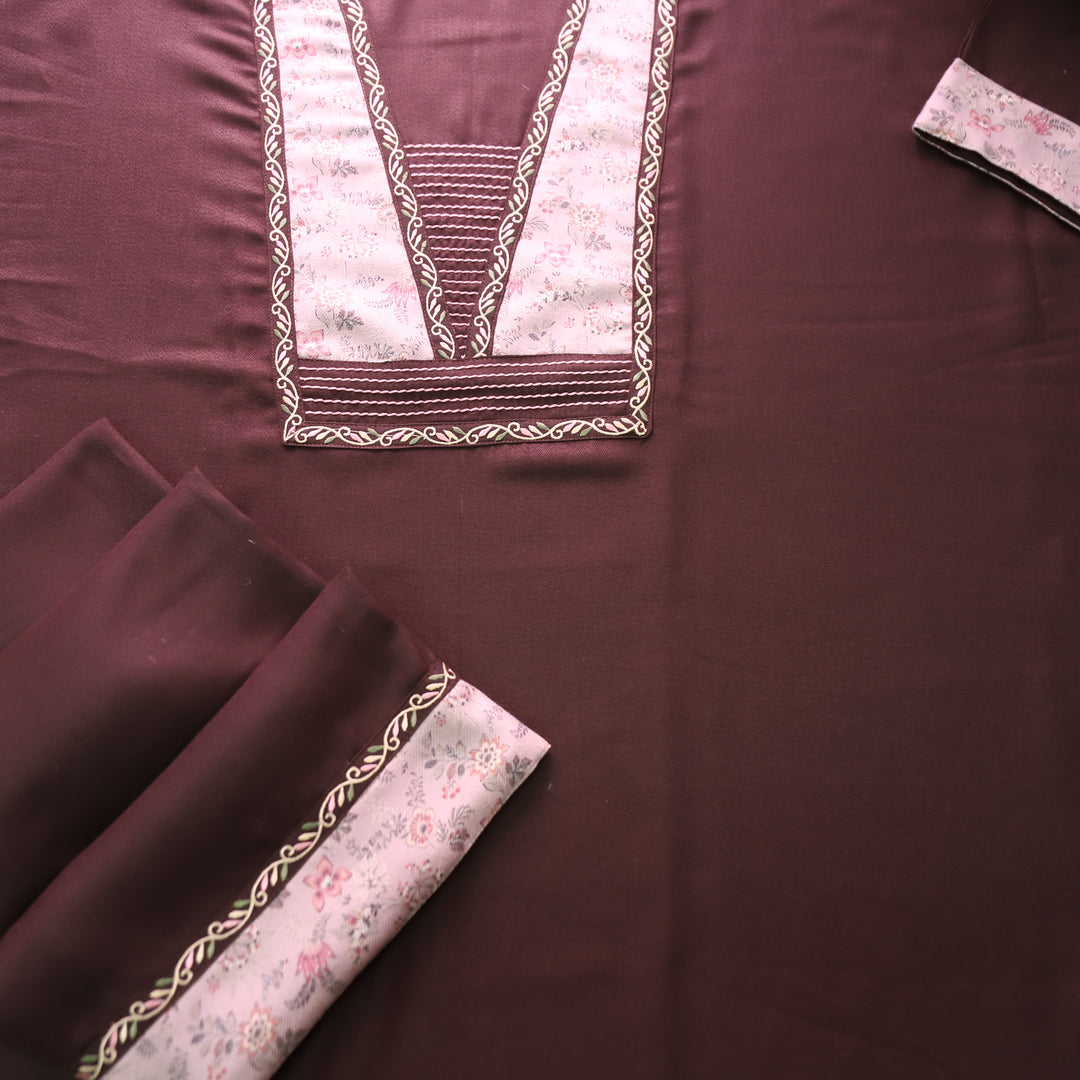 निहारिका Choco Brown Floral Print Yoke with Embroidered Work Semi Pashmina 2 Piece Set